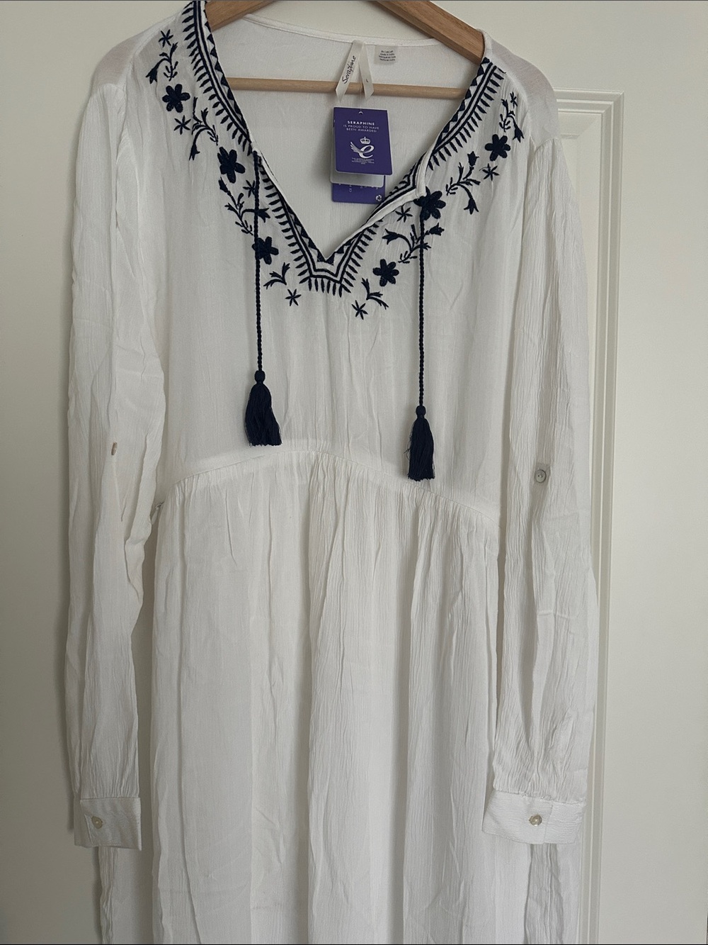 NWT White Embroidered V-Neck Beach Cover Up with Navy Tassels